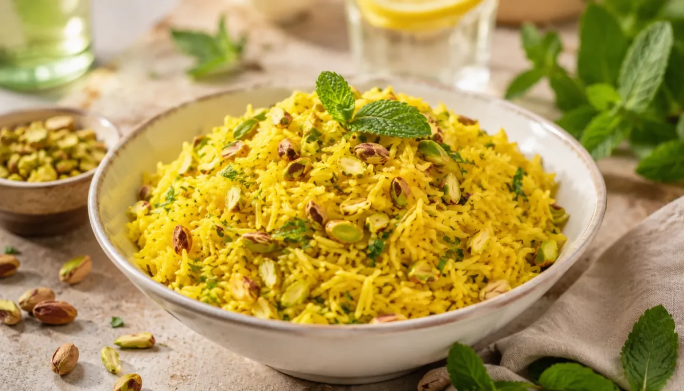 Riz pilaf safrané à la menthe et aux pistaches