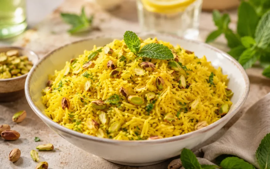 Riz pilaf safrané à la menthe et aux pistaches