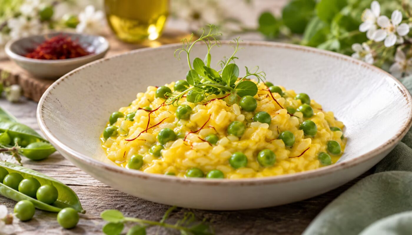 Risotto de petits pois et safran pour le printemps : texture crémeuse sans excès de parmesan