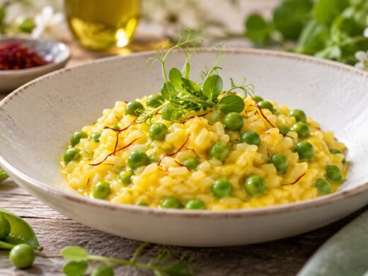 Risotto de petits pois et safran pour le printemps : texture crémeuse sans excès de parmesan