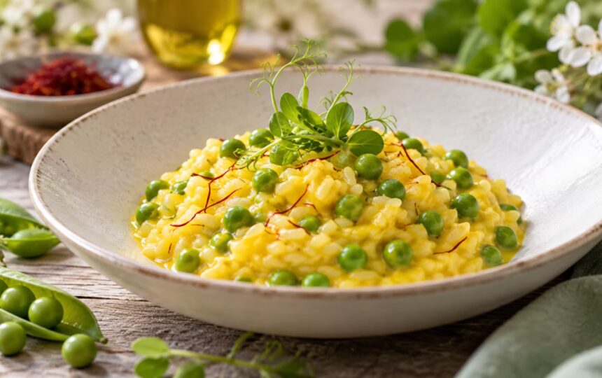 Risotto de petits pois et safran pour le printemps : texture crémeuse sans excès de parmesan